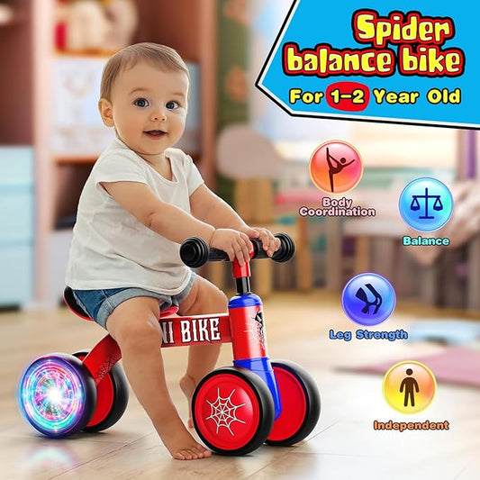 Baby Balance Bike 1 2 Year Old: Spider Baby Bike for 10-24 Month with Light & 4 Wheels Babies Boy Gifts Toddler First Riding on Toys First Christmas Birthday Gift for 1+ Year Old Boy & Girl