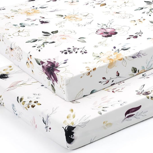 GRSSDER Stretchy Ultra Soft Jersey Knit Fitted Pack n Play Sheets Set 2 Pack,Fits Portable Playard/Mini Cribs Mattress Snug and Safe,Watercolor Purple Flora for Baby
