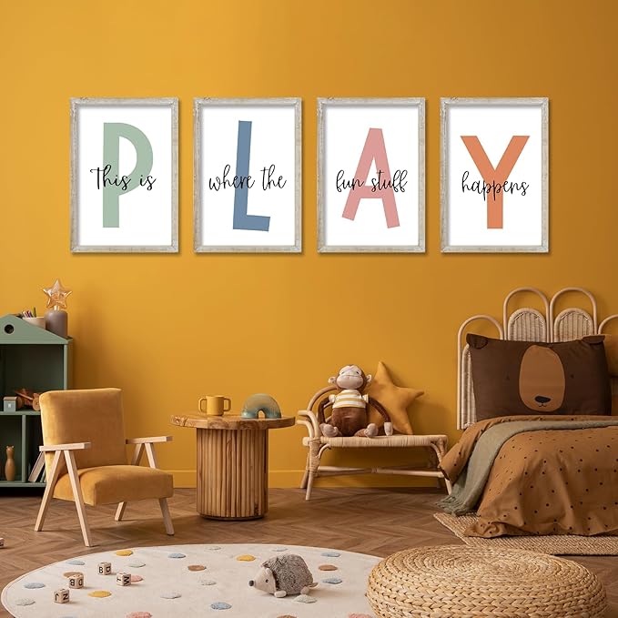 This Is Where The Fun Stuff Happens Kids Playroom Wall Art Decor 16x11 Inch Set Of 4 Rustic Kids Wood Framed Sign Toddler Modren Nursery Interesting Let's Play Prints Wall Hanging (White)