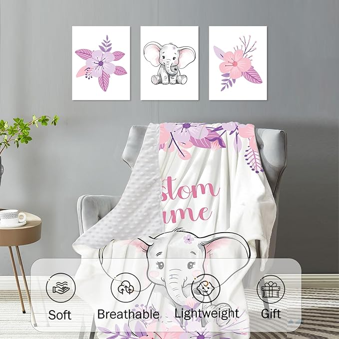 Personalized Baby Crib Bedding Set: 4 Piece Custom Purple Flower Elephant Crib Bed Set with Name, Nursery Bedding Set for Baby Girls, Newborn Boys Crib Sets, Crib Bedding Custom Gift, Crib Sheet