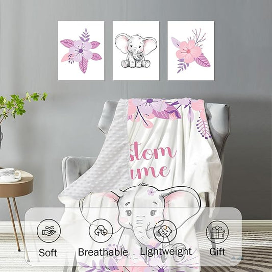 Personalized Baby Crib Bedding Set: 4 Piece Custom Purple Flower Elephant Crib Bed Set with Name, Nursery Bedding Set for Baby Girls, Newborn Boys Crib Sets, Crib Bedding Custom Gift, Crib Sheet