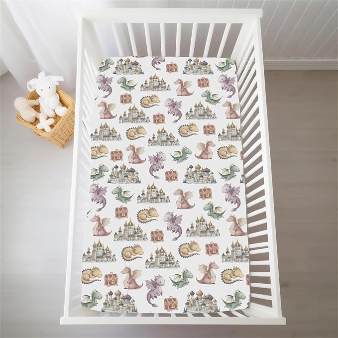 Fairytale Dragons Baby Crib Sheets for Boy Girl Fantasy Dragon Castle Treasures Soft Snug Fitted Crib Mattress Covers for 52''x28'' Standard Crib & Toddler Mattress Magical Animal Bed Sheets
