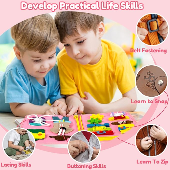 Qizfun Toddler Busy Board Montessori Toys – Sensory Busy Book, Educational Learning Travel Toy for Airplane & Car, Keeps Toddlers Engaged, Birthday Gifts for Toddler Girls