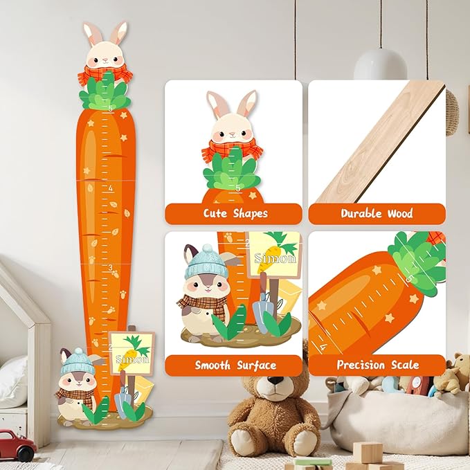 Woodemon Personalized Child Growth Charts,Rabbits and Carrots Wooden Kids Height Wall Chart, Height Measurement for Wall Kids Room Nursery Decor