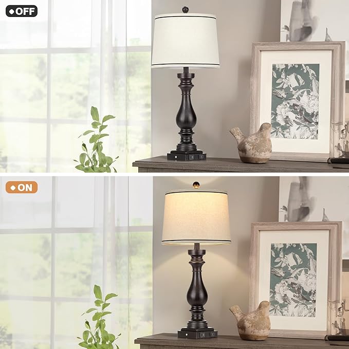 Cinkeda 29" Tall Table Lamp for Living Room Set of 2,Farmhouse Vintage Bedside Nightstand Lamps with USB C+A Ports & AC Outlet,3-Way Dimmable Touch Control Retro Black Lamp for Bedroom,Color 5