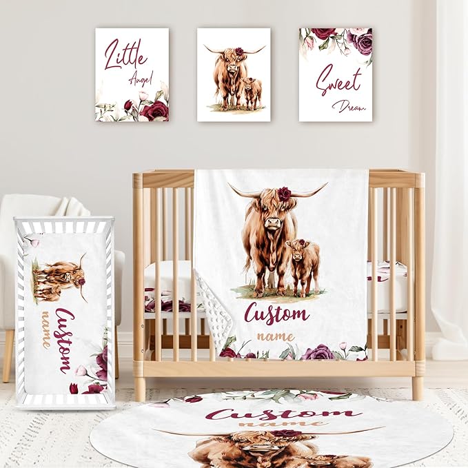 Personalized Baby Crib Bedding Set: 4 Piece Custom Rose Highland Cow Crib Bed Set with Name, Nursery Bedding Set for Baby Girls, Newborn Boys Crib Sets, Crib Bedding Custom Gift, Crib Sheet