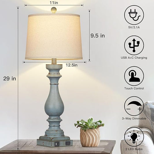 Cinkeda 29" Tall Table Lamp for Living Room Set of 2,Coastal Bedside Nightstand Lamps with USB C+A Ports & AC Outlet,3-Way Dimmable Touch Control Retro Blue Desk Lamp for Bedroom,Color 3