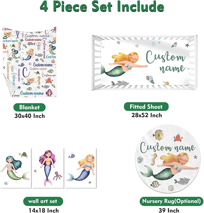 Personalized Baby Crib Bedding Set: 4 Piece Custom Crib Bed Set with Name, Nursery Bedding Set for Baby Girls Crib, Newborn Boys Crib Sets, Custom Gift Crib Bedding, Crib Sheet, Mermaid Theme