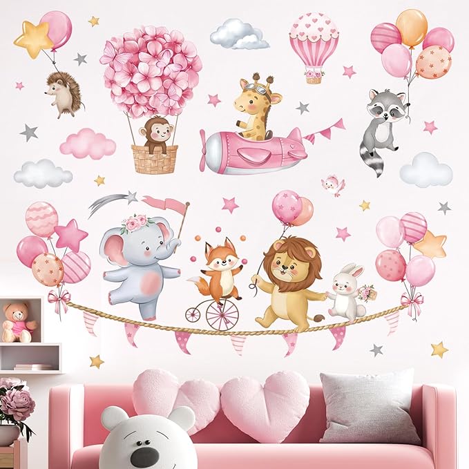 decalmile Pink Animal Hot Air Ballon Wall Decals Elephant Lion Giraffe Wall Stickers Daycare Girls Bedroom Baby Nursery Wall Decor