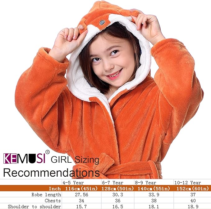 Hooded Herringbone Girl's Fleece Soft Spa Kimono Long Robe,Kids Comfy Sleepwear Bathrobe