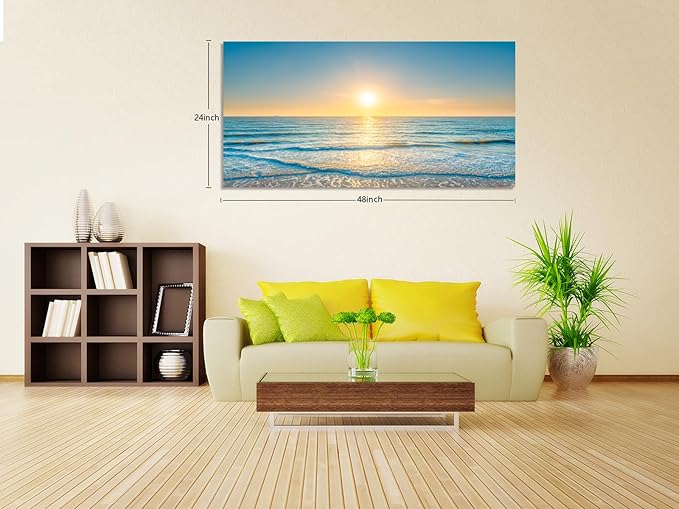 KUNHAAH Wall Art Canvas Painting Blue Sea Beautiful Seascape 1 Piece Ocean Sunset Waves Picture Poster Print Framed and Stretched Ready to Hang for Living Room Bedroom Artework
