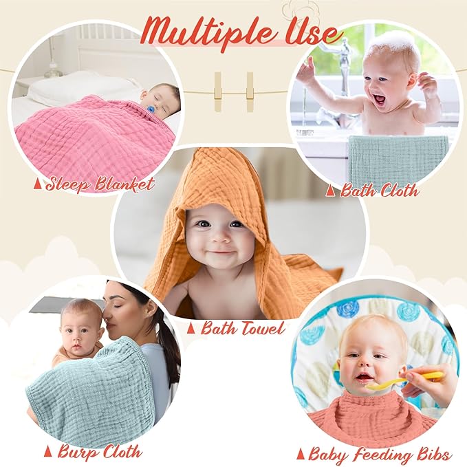 VitalCozy 8 Pcs Baby Muslin Hooded Bath Towels and Washcloths Muslin Cotton Hooded Baby Towels Absorbent Blankets for Gift Newborn Infant Shower (32 x 32 Inch,Classical Color)