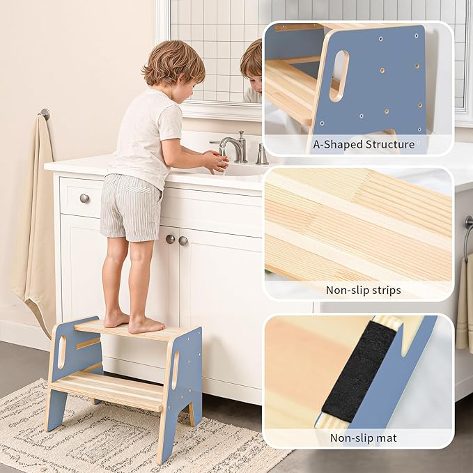 Wingyz Toddler Step Stool,Height-Adjustable Wooden Step stools for Kids with Handles,2 Stepstool for Toddlers,Bathroom Sink, Kitchen, Bedroom,Potty Training