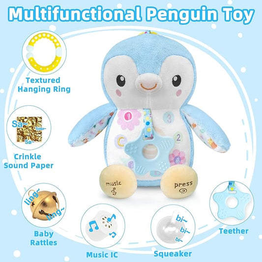 Baby Toys 0-6 Months,Musical Plush Stuffed Animal with Rattles & Crinkle Paper,Hanging Ring for Sensory Play,Tummy Time Toys for 0-12 Months Girls, Baby Girl Gift (Blue)