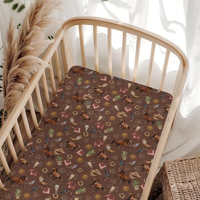 Western Cowboy Baby Crib Sheets for Boy Girl 52x28Inch Vintage Horse Cowboy Boots Hat Cactus Goat Sun Soft Snug Fitted Crib Mattress Cover Wild West Baby Sheet for Standard Crib & Toddler Mattresses