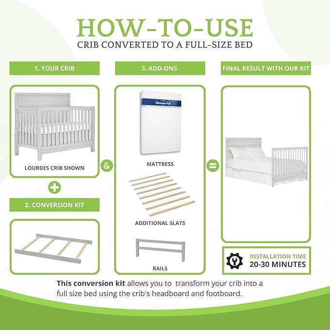 Full-Size Conversion Kit Bed Rails for Evolur Cribs - Solid Wood Crib Convertible Kit to Kids Bed - Transitional Style Rails & Easy-to-Install Child Essentials for Safety (Greyhound)