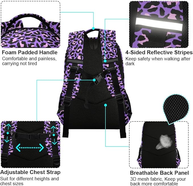 MNSRUU School Backpack with Chest Strap, Neon Purple And Pink Leopard Laptop Backpack, Travel Hiking Backpack for Boys Girls, Rucksack, Knapsack