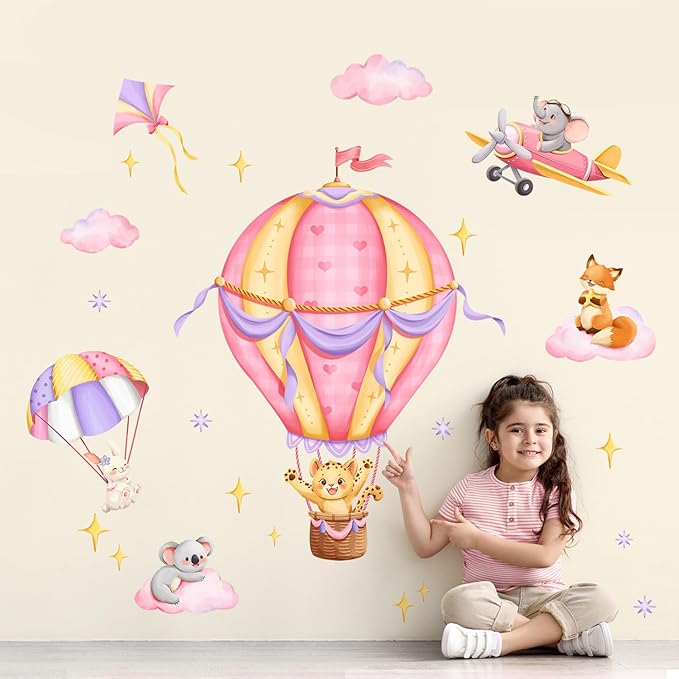Tanlaby Pink Hot Air Balloon Wall Stickers Jungle Animals Fox Leopard Elephant Wall Decals Peel and Stick Art Decor for Baby Nursery Kids Bedroom Playroom Daycare Classroom