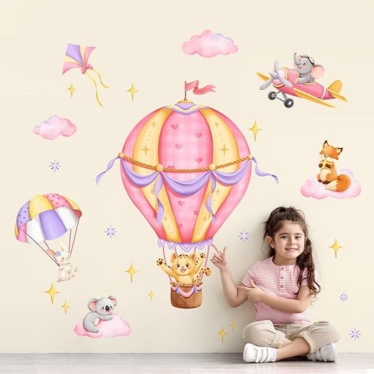 Tanlaby Pink Hot Air Balloon Wall Stickers Jungle Animals Fox Leopard Elephant Wall Decals Peel and Stick Art Decor for Baby Nursery Kids Bedroom Playroom Daycare Classroom