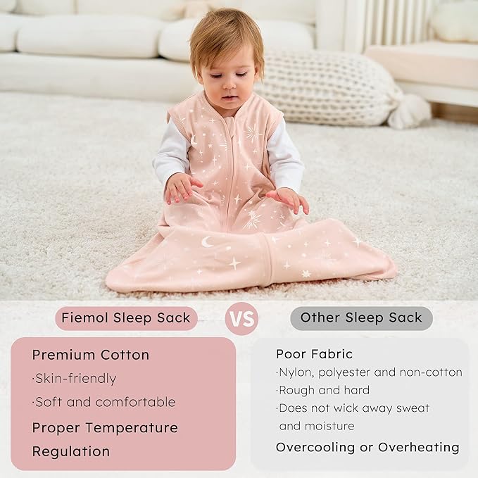Baby Sleep Sack 12-18 months, 100% Cotton Sleeping Sack for Toddler, 3 Pack Baby Wearable Blanket, 0.5 Tog Lightweight Double Zipper Sleep Bag Large Pink Stars Moon