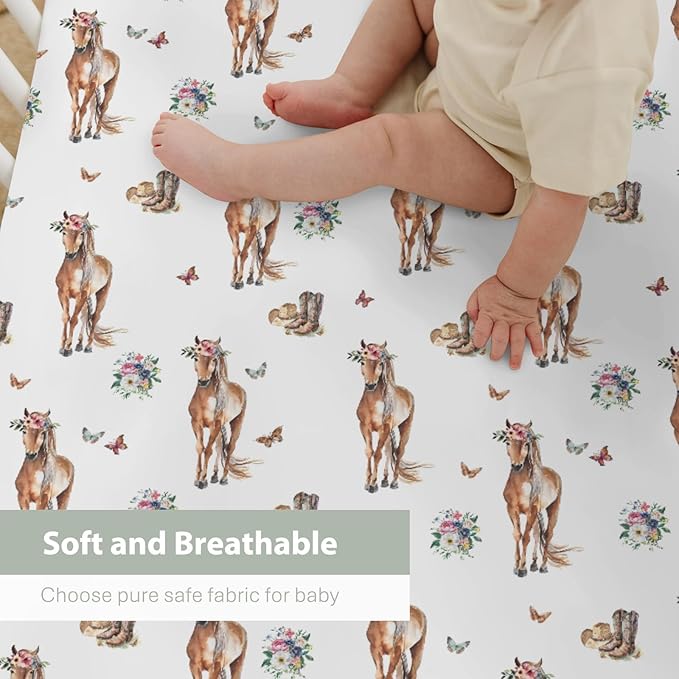Floral Horse Cowgirl Baby Crib Sheets for Boy Girl 52x28Inch Cowgirl Boots Hat Flowers Butterflies Soft Snug Fitted Crib Mattress Cover Western Horses Baby Sheet for Standard Crib & Toddler Mattress