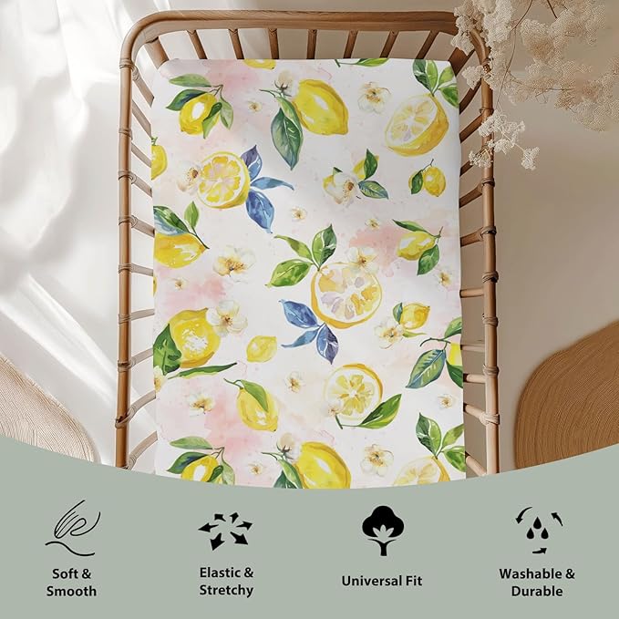 Lemons Baby Crib Sheets for Boy Girl 52x28Inch Lemon Branch Leaves Flowers Soft Stretchy Fitted Crib Mattress Covers Tropical Summer Fruits Baby Sheet for Standard Crib and Toddler Bed Mattress