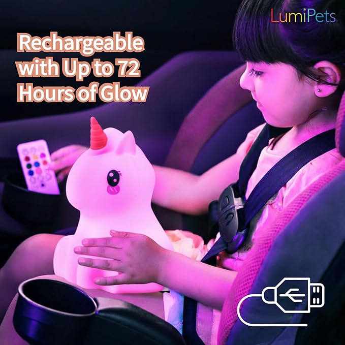 Lumipets Remote Control Silicone Night Light for Kids - Unicorn Design with 9 Soft Colors & Sleep Timer - Rechargeable, Battery-Operated Lamp for Bedroom | Baby Nursery, Toddler, Girls, Boys