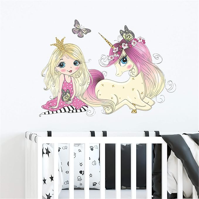ROFARSO Colorful Cute Lovely Little Princess With Unicorn Butterfly Wall Stickers for Kids Peel and Stick Removable Wall Decals DIY Decorations Decor for Nursery Baby Girl Bedroom Playroom Living Room