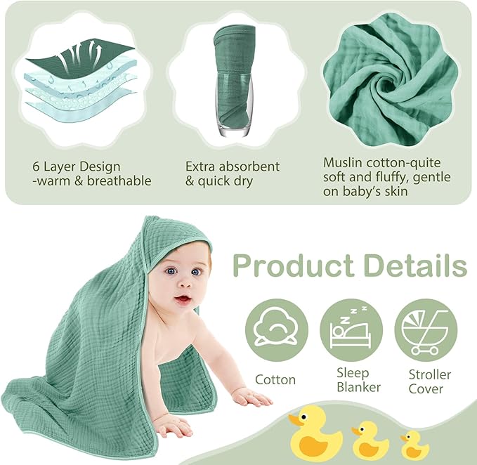 Peryiter 4 Pcs Muslin Hooded Baby Towels, 32x 32'' Cotton Newborn Bath Towel Muslin Infant Baby Blankets Absorbent Unisex Christmas Registry Gift Essentials for Girls Boys (Green,Gray,Rust,Blue)
