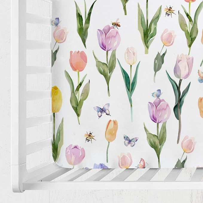 Watercolor Tulips Bees Butterflies Baby Crib Mattress Sheet 52''x28'' Boho Spring Floral Stretchy Fitted Crib Mattress Sheet for Boy Girl Wild Flower Soft Bed Sheet for Standard Crib Toddler Mattress
