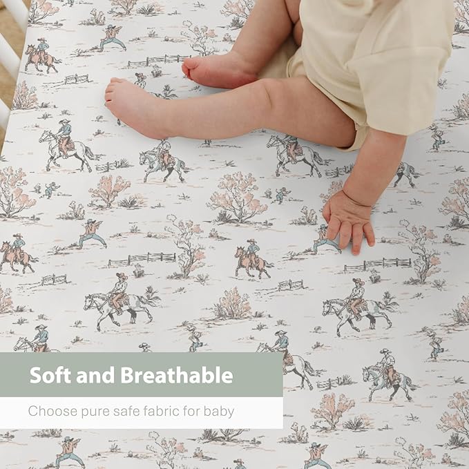Vintage Cowboy Baby Crib Sheets for Boy Girl 52"x28" Retro Western Cowboy Horse Soft Stretchy Fitted Crib Mattress Cover Wild Desert Baby Sheet for Standard Crib & Toddler Mattress Pad