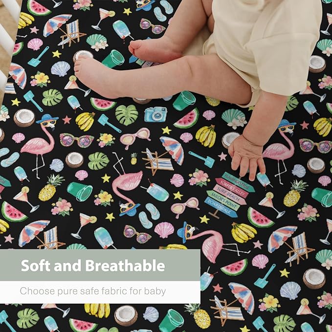 Surf Beach Summer Baby Crib Sheets for Boy Girl 28"x52" Flamingo Tropical Leaves Floral Fruits Soft Stretchy Fitted Crib Mattress Cover Beach Party Vacation Baby Sheet for Crib & Toddler Bed Mattress