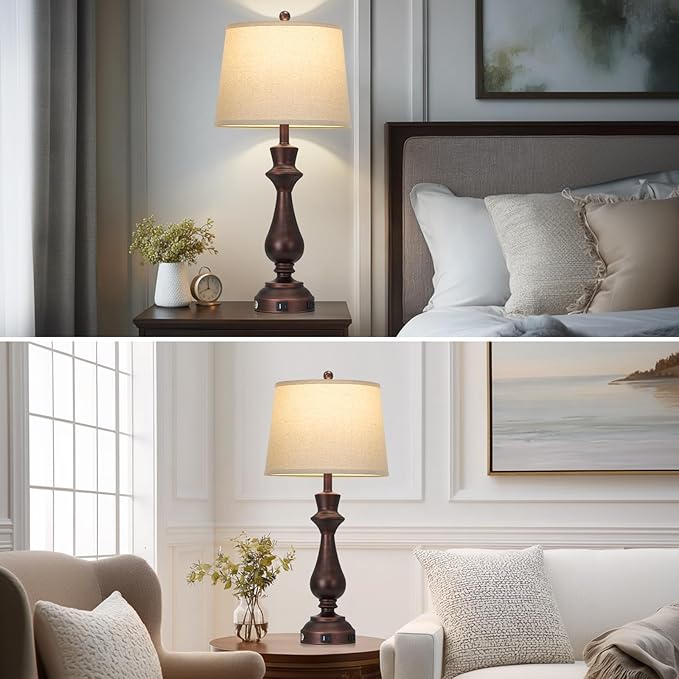luxeflow Vintage Table Lamps Set of 2 for Living Room,30" Tall Bedside Lamp with USB Charging Port,3-Way Dimmable Touch Nightstand Lamp for Bedroom Desk Side Table Office,Brown