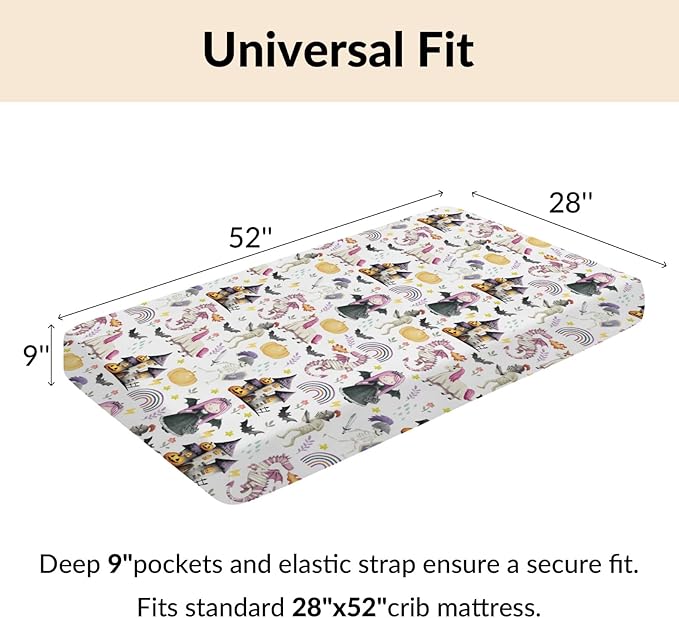 Halloween Fairytale Princess Castle Dragon Baby Crib Sheets Spooky Pumpkin Bats Soft Baby Sheets Gothic Halloween Night Fitted Crib Mattress Cover for Standard Crib Toddler Mattress 52"x28"
