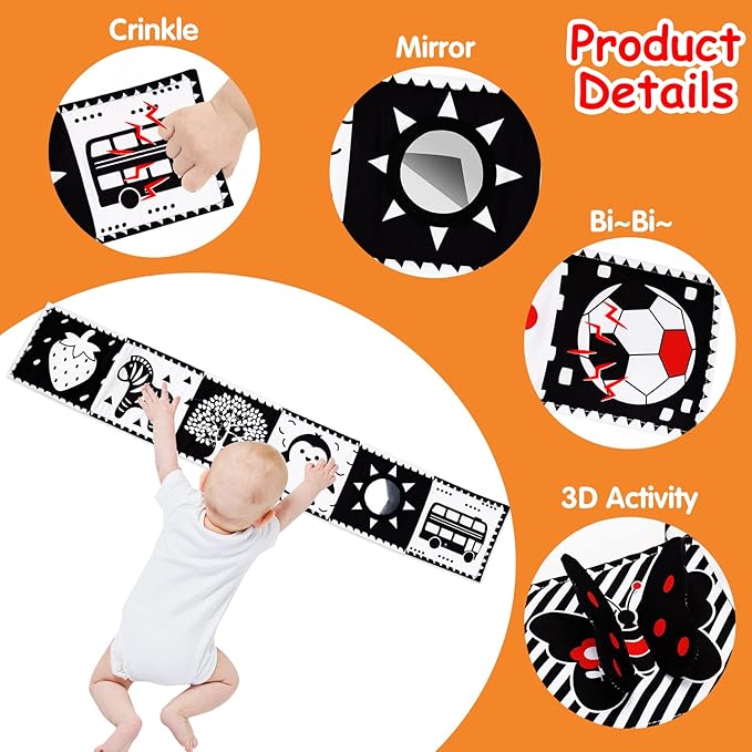 Black and White High Contrast Toys for Baby 0-3 3-6 months Infant Tummy Time Soft Crinkle Book Mirror Sensory Toys 0 2 4 5 6 Month Old Babies Boy Gril Newborn Development Christmas Stocking Stuffer