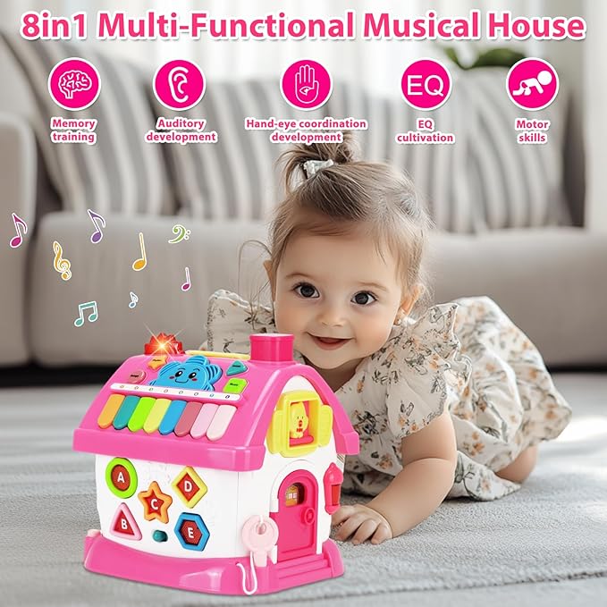 Aitbay Toys for 1 Year Old Girl Gifts: Baby Musical Toys 12-18 Months 8-in-1 Multi-Functional House - Montessori Educational Toys for Toddlers 1-3 - First Christmas 1st Birthday Gifts