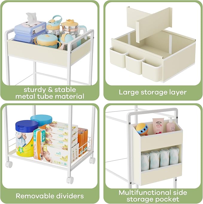 JBBTOOL 3-Tier Baby Diaper Caddy Cart with Wheels, Nursery Storage Organizer with Dividers & Pockets, Mobile Metal Utility Cart for Baby Essentials, Bedroom, Kitchen & Office