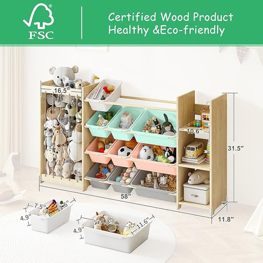 EXPERLAM 3-in-1 Toy Storage Organizer, Stuffed Animal Holder & 3-Tier Bookcase, Solid Wood Toy Organizer with 12 Storage Bins, Space-Saving Toy & Book Shelf for Kids Rooms, Bedroom, Playroom, Multi