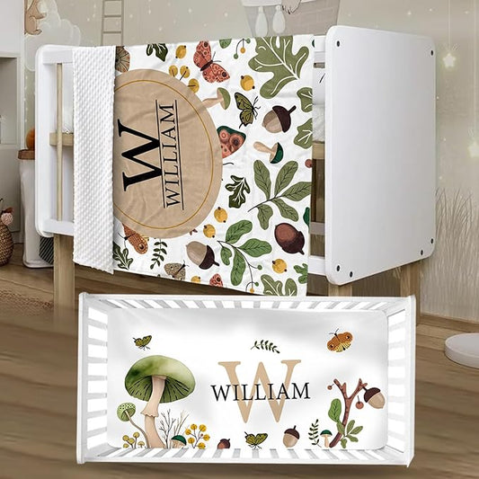 Personalized Crib Bedding Set for Boys Girls, Custom Baby Crib Sets with Name, Mushroom Design Nursery Bedding 2 Piece - Soft Blanket with Double Layer Dotted Backing, Crib Fitted Sheet