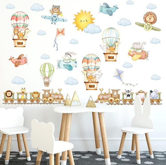 Train Animal Wall Stickers Cartoon Animal Wall Stickers Airplane Hot Air Balloon Decals Watercolor Sun Cloud Decals Cute Balloon Animals Sticker for Nursery Kids Room Playroom Decor