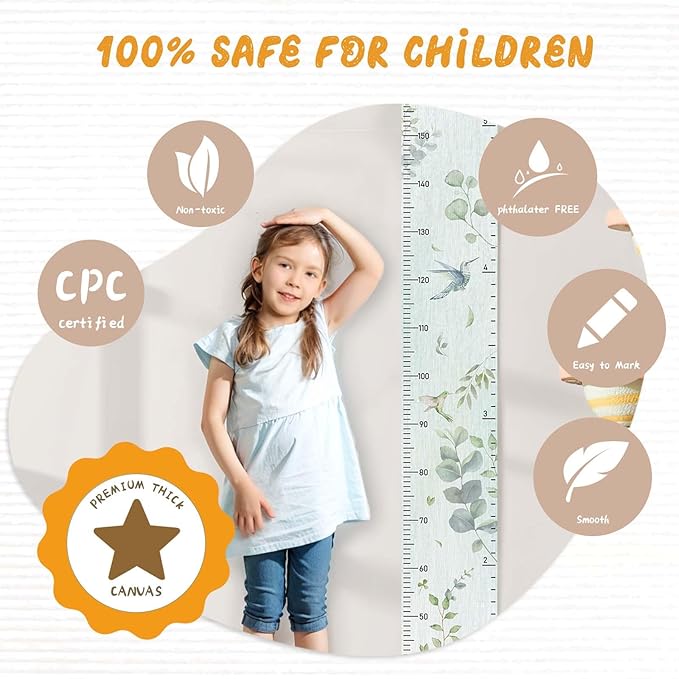 Woodemon Personalized Name Growth Chart for Wall, Eucalyptus Leaves Canvas Height Chart for Kids Baby Child Toddler Boys Girls, Canvas&Wood Growth Chart for Wall Room Nursery Decor,Easy Care