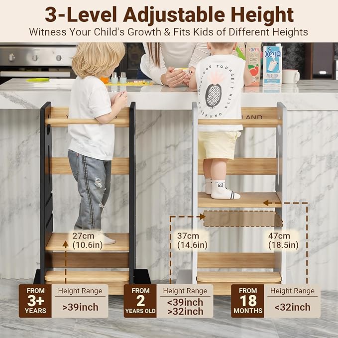COSYLAND 3 Levels Adjustable Toddler Standing Tower - 33.5IN/85CM Stable Kids Kitchen Step Stool with Protective Crossbar - Wooden Toddler Kitchen Stool Helper(Black & Natural)