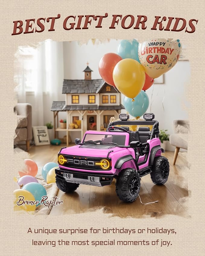 First Ride On 24V Ride on Toys for Big Kids, Licensed Ford Bronco Raptor 2 Seater Ride on Cars with Remote Control, Ride on Truck w/ 4-Wheeler Suspension, 3 Speeds, Led Lights, Bluetooth (24V, Pink)