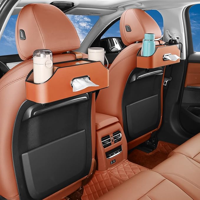HALOYIVGO Car Seat Back Organizer - Stylish & Functional Storage for Family Adventures - Cup Holders, Tissue Box & Hooks - Perfect for Kids, Road Trips & Travel (Orange)