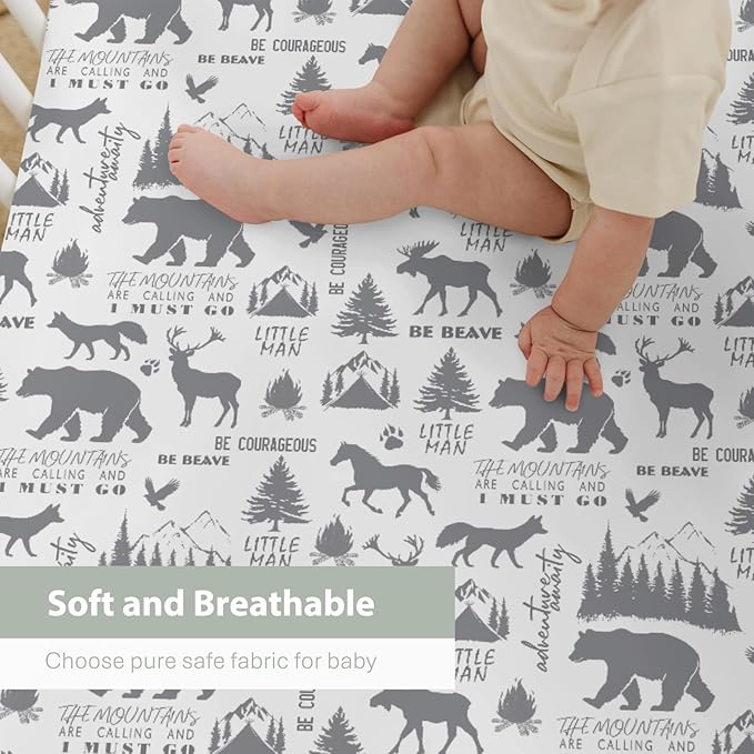 Gray Animals Baby Crib Sheets for Boy 52x28Inch Deer Bear Horse Trees Mountain Soft Stretchy Fitted Crib Mattress Cover Camping Adventure Baby Sheet for Standard Crib & Toddler Mattress