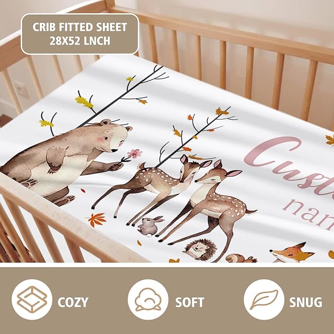 Personalized Crib Bedding Set for Boys Girls, Custom Baby Crib Sets with Name, Fox Sika Deer Design Nursery Bedding 2 Piece - Soft Blanket with Double Layer Dotted Backing, Crib Fitted Sheet