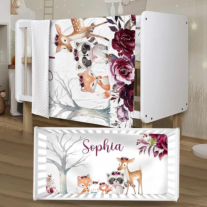 Personalized Crib Bedding Set for Boys Girls, Custom Baby Crib Sets with Name, Rose Animal Design Nursery Bedding 2 Piece - Soft Blanket with Double Layer Dotted Backing, Crib Fitted Sheet