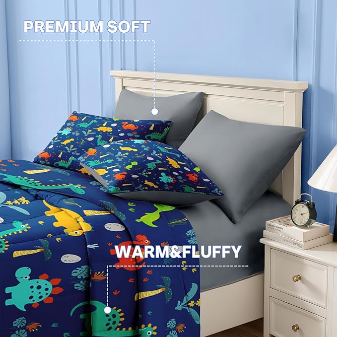 Nesker Comforter Set Toddler Size, Blue Dino 4 Pcs Bedding for Kids Teens, Dinosaur Bed Sheet with Pillowcase & Sham