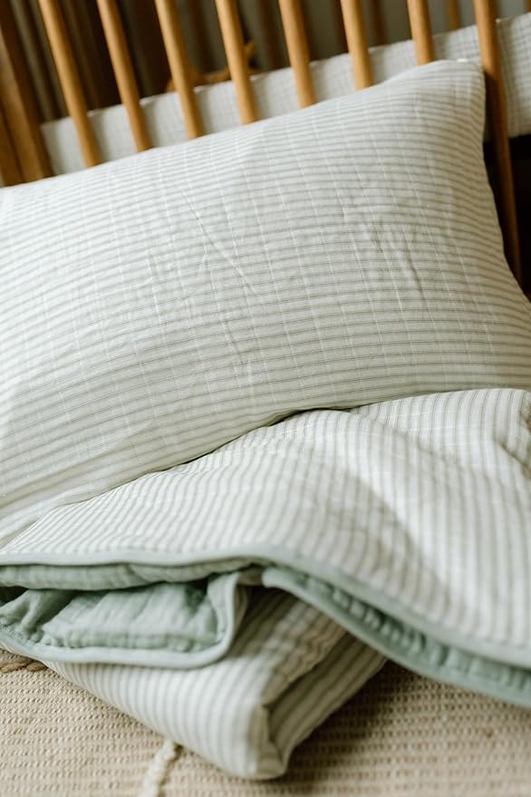 Oilo 100% Organic Premium Cotton Muslin Crib Quilt (45" x 60") Print and Solid Sides, Extra-Soft & Lightweight, Fits Toddler Beds, Heirloom Organic Collection, Sea Moss Sage Green Stripe