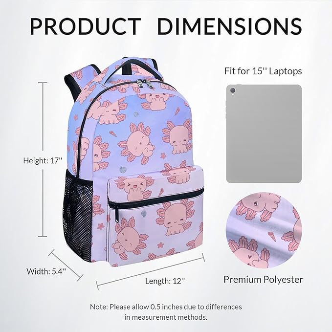 COZYAURA Girls Backpack - 17 Inch Large Capacity Axolotl Bookbag - Lightweight Kids' Backpacks for Elementary, Preschool & Travel